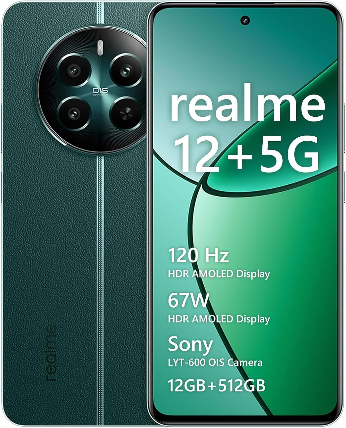 Smartphone Realme 12+ 5G 12 GB de RAM/512 GB, /Tela 6.67"/120Hz Ultra-smooth, NFC 360° - Pioneer Green